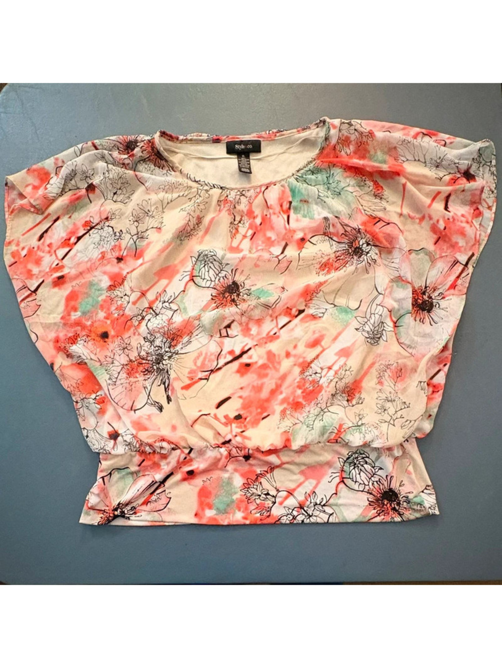 Style & Co Women’s XL Floral Blouson Blouse Dolman Batwing Banded Hem